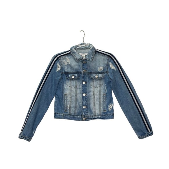 Crave Fame Crop Denim Jacket Womens XS Blue Medium Wash Long Sleeve Distressed B - Picture 1 of 11